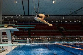 Side view of diver mid-air over the pool.